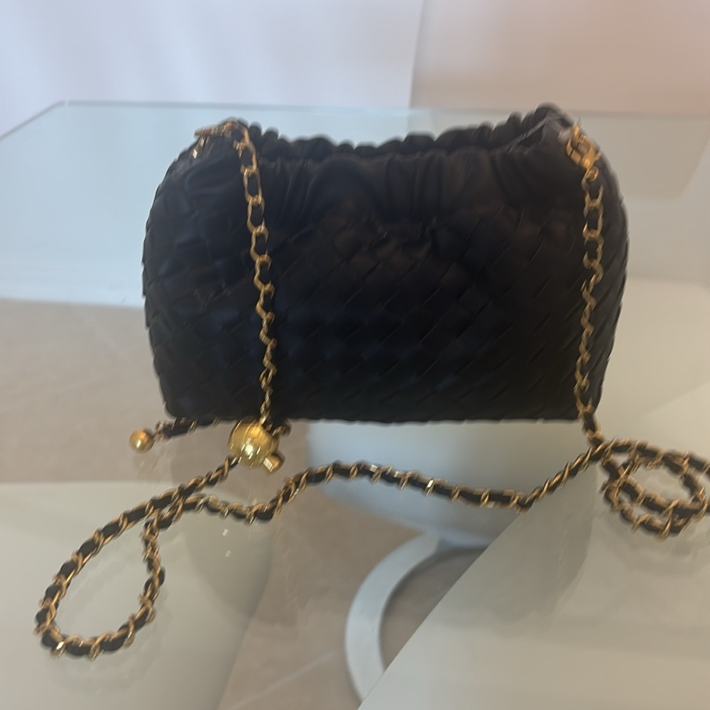 Elegant Vegan  Black Woven Bag with Gold Chain Fits A Large Phone